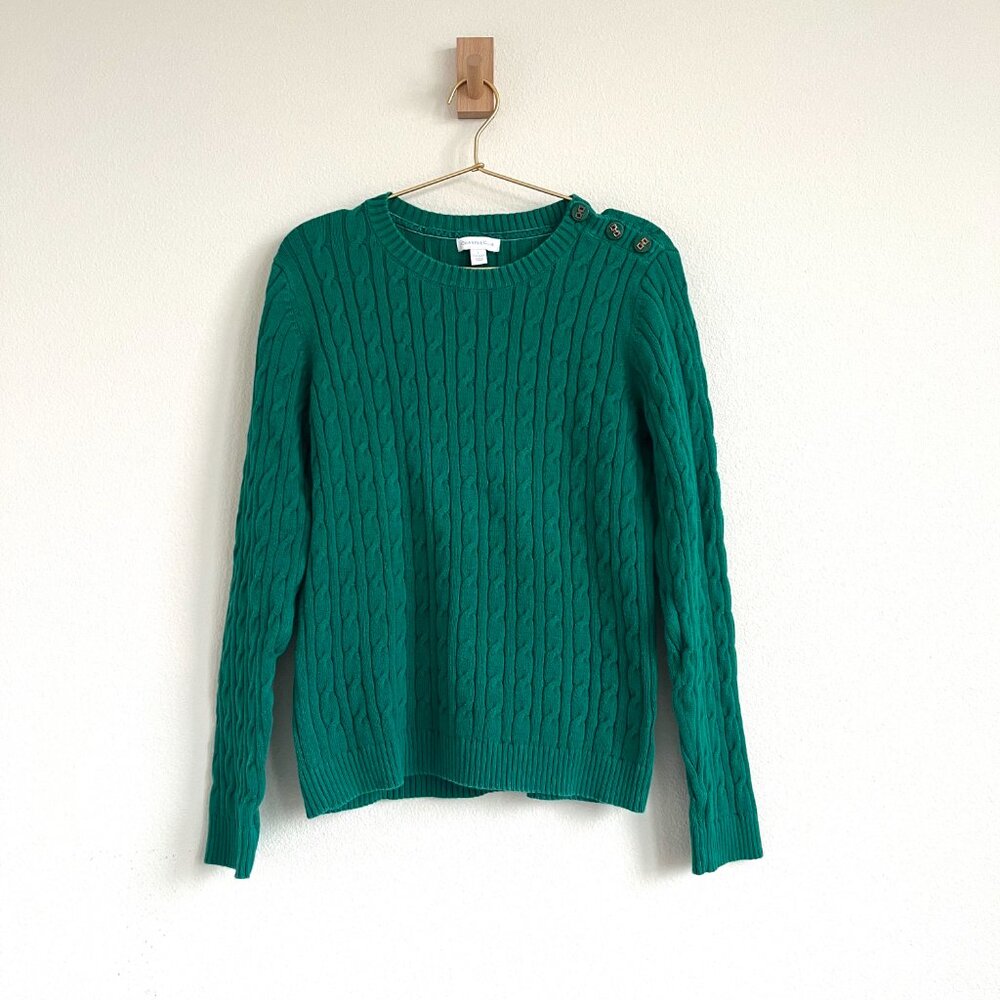 Vintage Preppy Collegiate Cotton Cable Knit Crewneck Sweater in Emerald Green